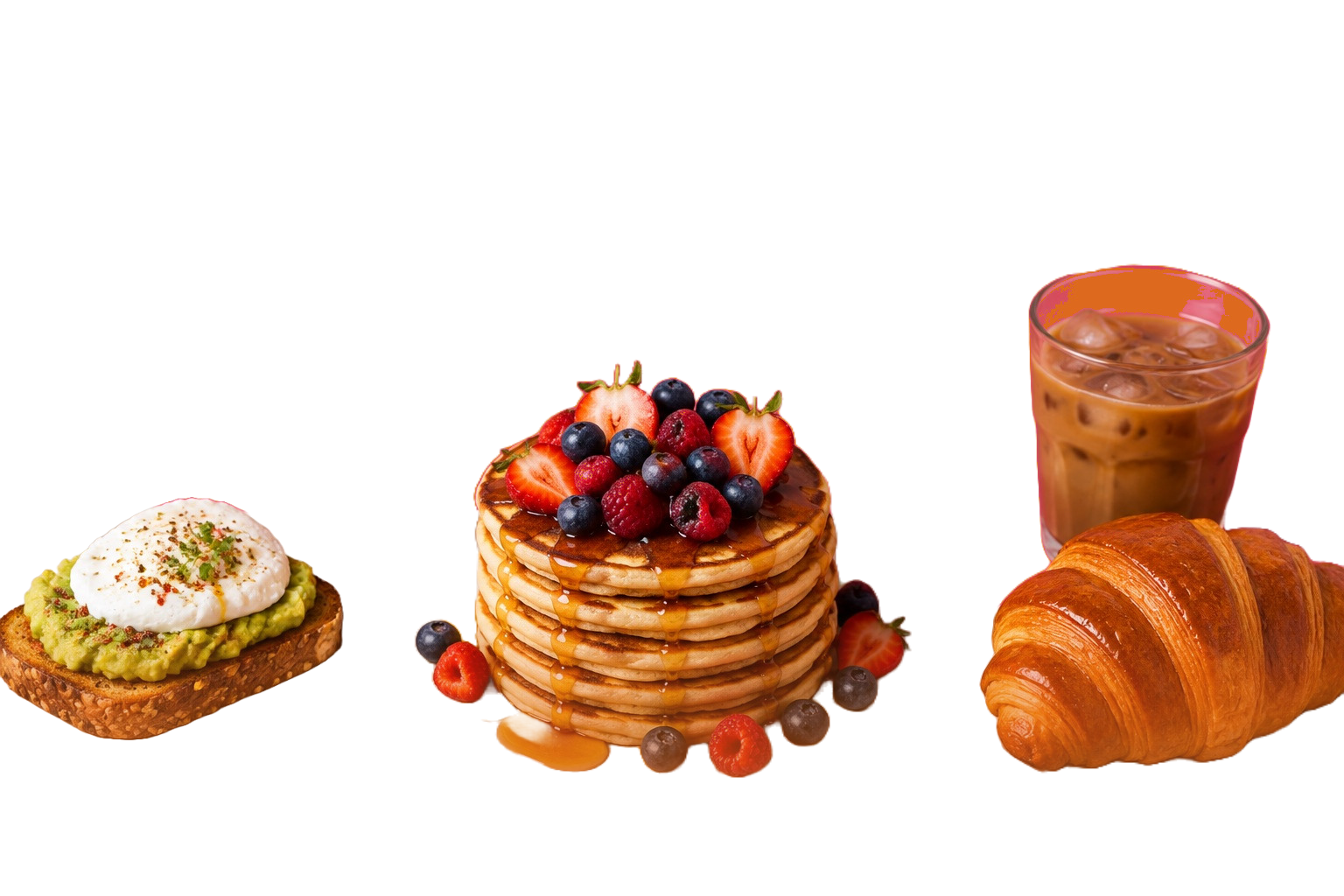 Pancakes généreux, tartine d’avocat, croissant doré et café glacé sur une table.